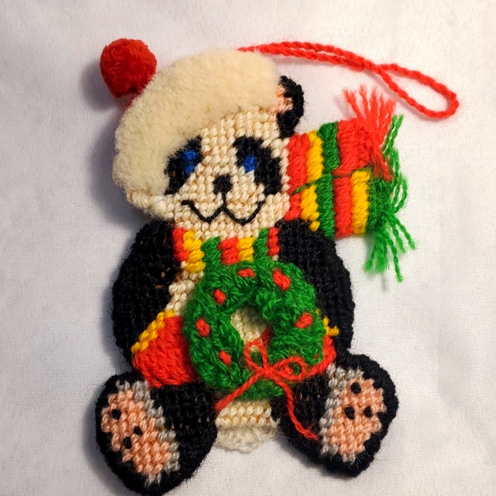 Vintage Dimensions Cross Stitch Panda Christmas Ornament Completed